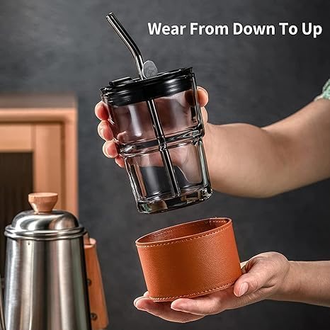 LARYNX 400 ml Glass Coffee Mug with Straw Coffee Cup with Leather Sleeve Mugs Gift Set Tea CupTumbler Mug Drinking Glasses for Gifts Travel Mug BlackSet of 2 - Image 3