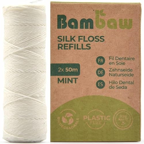 Bambaw Refill Silk Dental Floss | Candelilla Wax Tooth Floss | Natural Dental Tape | Plastic Free Dental Floss | Eco Floss | Stainless Steel | Zero Waste Floss | Silk Floss | Mint | 2 x 55 Yards | Bambaw - Image 1
