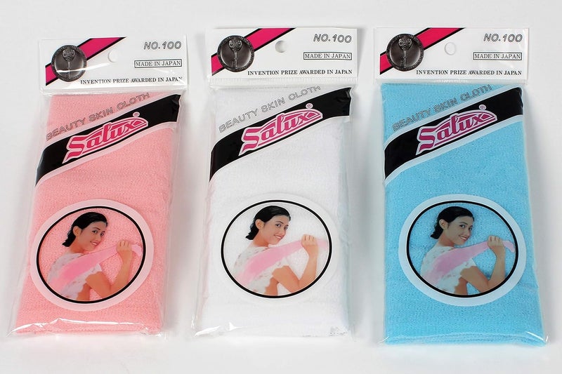 سالوكس منشفة/فوطة استحمام نايلون SALUX للعناية بالبشرة اليابانية، 3 قطع، مزيج من الخوخي والأبيض والأزرق - Image 1