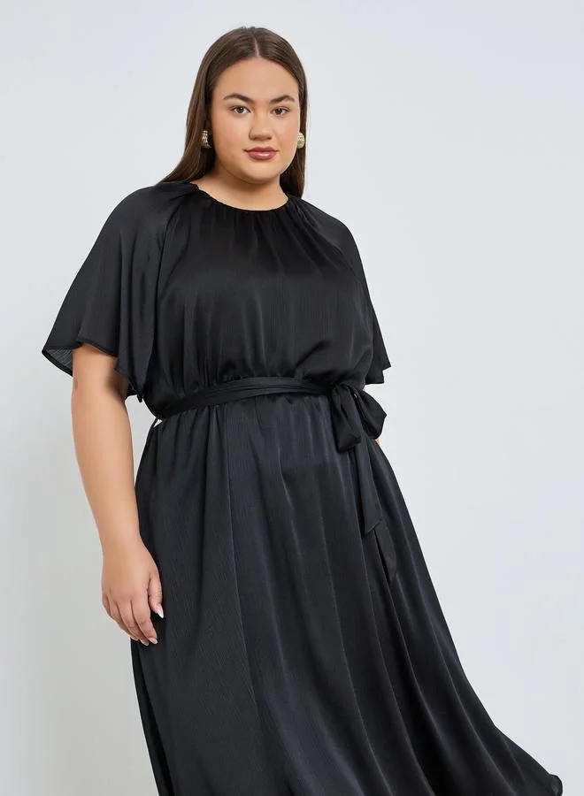 Styli Plus Size Satin Midi Dress with Tie-Belt