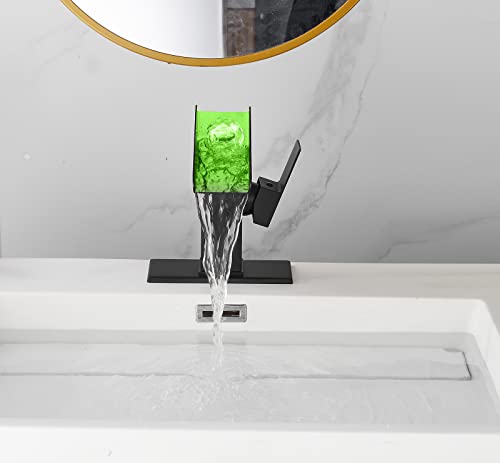 YCCUZA Bathroom Faucet Black Waterfall Open Spout LED Color Changing 1-3 Holes Basin Vanity Sink Tap Single Handle with Pop Up Drain Stopper Overflow Water Supply Hose Include Modern Commercial - Image 4