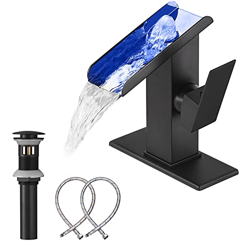 YCCUZA Bathroom Faucet Black Waterfall Open Spout LED Color Changing 1-3 Holes Basin Vanity Sink Tap Single Handle with Pop Up Drain Stopper Overflow Water Supply Hose Include Modern Commercial - Image 1