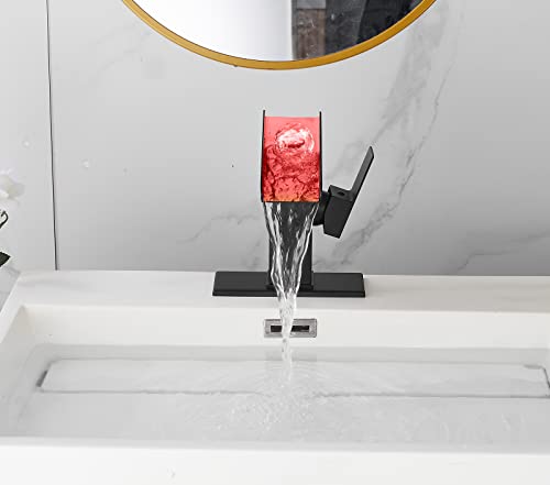 YCCUZA Bathroom Faucet Black Waterfall Open Spout LED Color Changing 1-3 Holes Basin Vanity Sink Tap Single Handle with Pop Up Drain Stopper Overflow Water Supply Hose Include Modern Commercial - Image 2