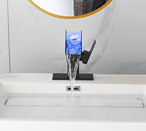 YCCUZA Bathroom Faucet Black Waterfall Open Spout LED Color Changing 1-3 Holes Basin Vanity Sink Tap Single Handle with Pop Up Drain Stopper Overflow Water Supply Hose Include Modern Commercial - Image 3