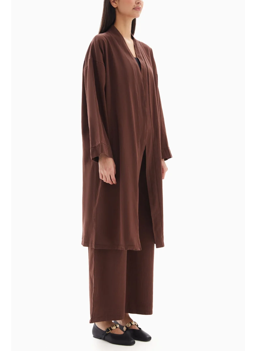 Wecre8 Brown Plain Set of Kimono with Trousers By WECRE8