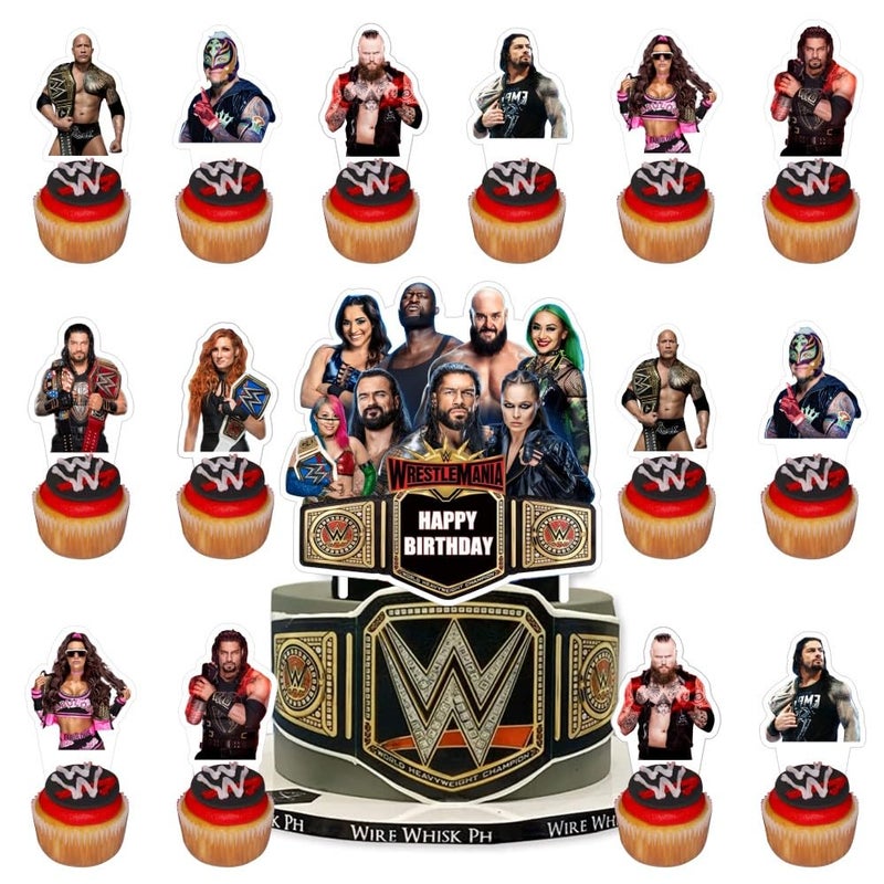 ARHAVI 25 Pcs Wresting Cake Topper and Cupcake Toppers Set Birthday Party Supplies for Wresting Themed Birthday Decorations - Image 1