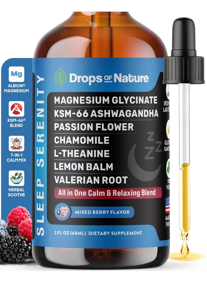 دروبس أوف نايتشر قطرات سائلة من غليسينات المغنيسيوم والأشواغاندا مع جذر فاليريان، والبابونج، وزهرة الآلام، وبلسم الليمون، وإل-ثيانين - نباتي سريع الامتصاص - مكمل غذائي للصحة والاسترخاء (مزيج التوت، 60 مل) - Image 1
