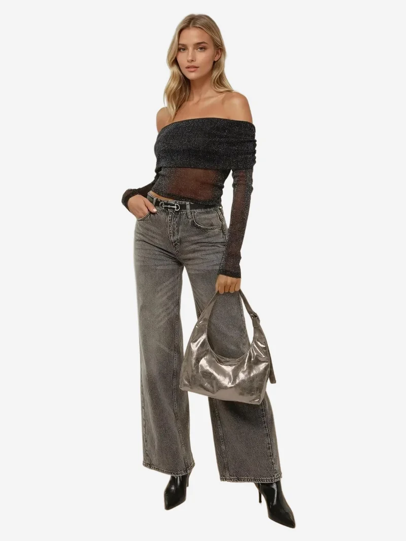 HICCUP Off Shoulder Glitter Tulle Blouse