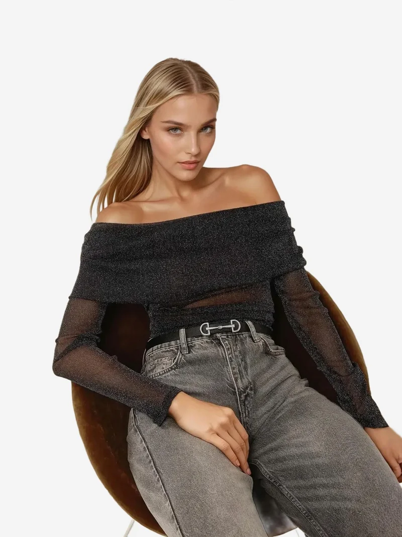 HICCUP Off Shoulder Glitter Tulle Blouse