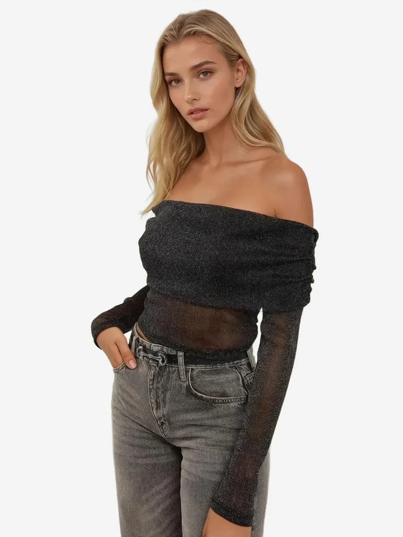HICCUP Off Shoulder Glitter Tulle Blouse