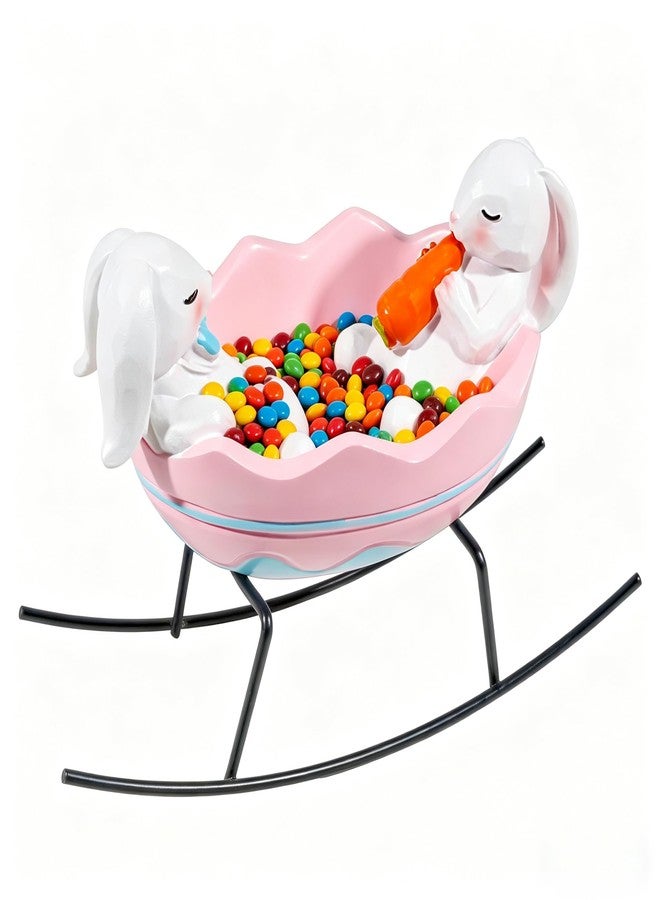 Exasinine Bunny Figurines Easter Candy Dish Rocking Egg Cradle Rabbit Statue for Spring Decor Cute Bunny Tabletop Centerpiece for Home Office Decoration, Easter Rabbit Decoration Gift - Image 1