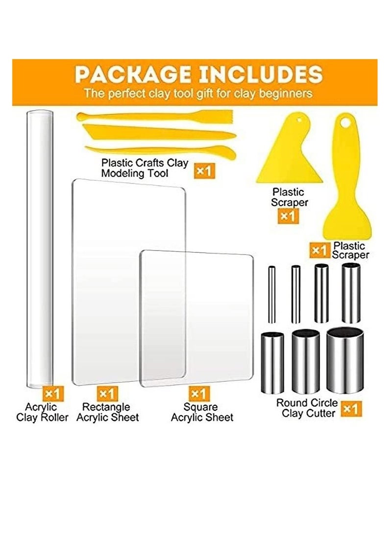 Excefore 15 PCS Polymer Clay DIY Tool Set Includes Acrylic Roller Sheets Plastic Scraper Backing Board Stainless Steel Round Circle Shape Cutter Modeling - Image 3