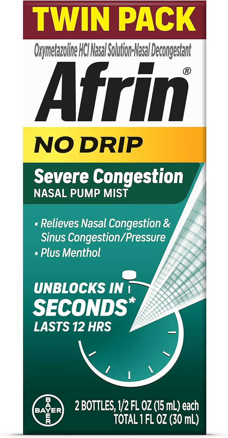 Afrin Afrin No Drip Severe Congestion Nasal Mist Twin Pack, Non-Drowsy, Fast-Acting Decongestant for Nasal Congestion and Sinus Pressure Relief, Adults and Children 6 and Older, .5 fl oz (Pack of 2) 