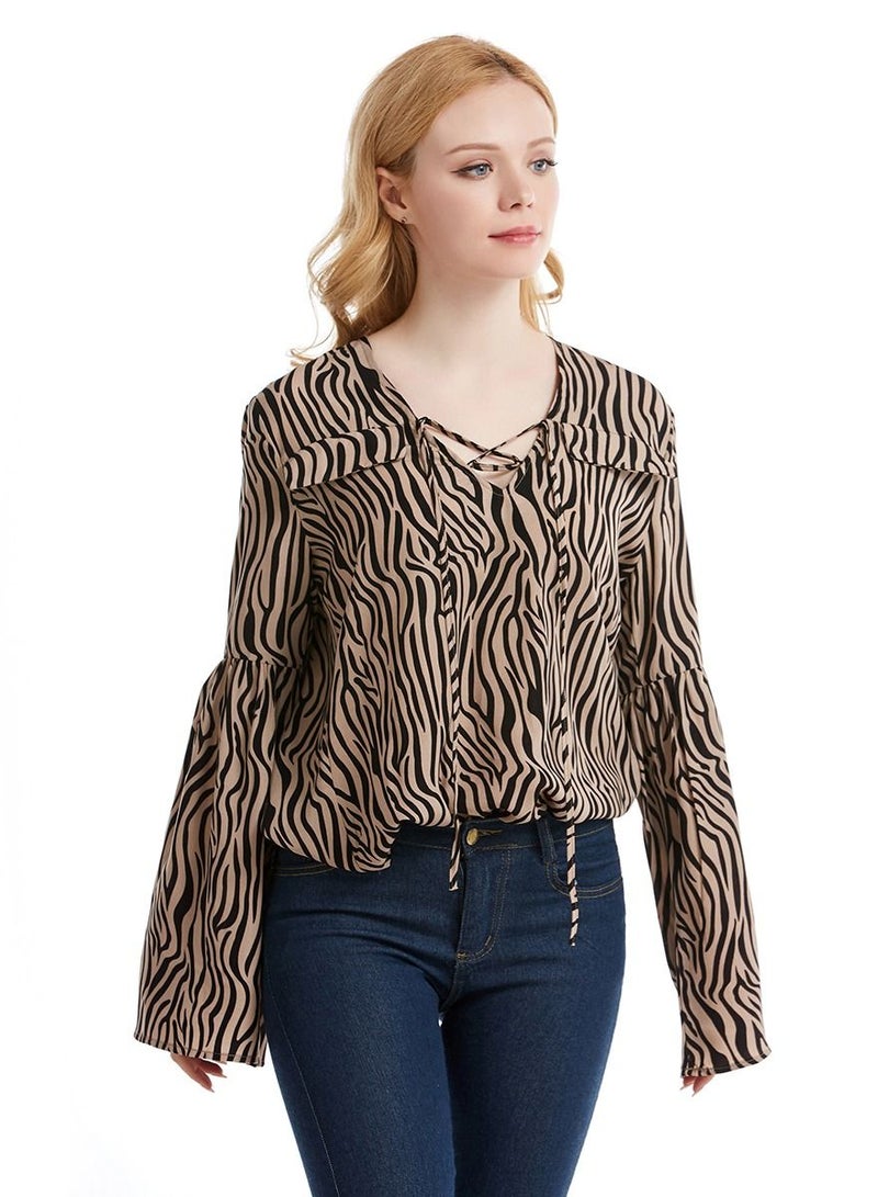 إسكدنيا Women's V-Neck Long Sleeve Top Zebra Stripes Loose Blouse Brown/Black  - Image 1