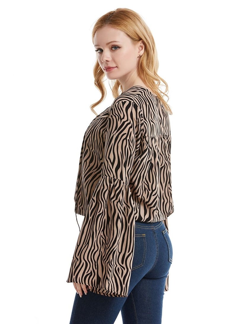 إسكدنيا Women's V-Neck Long Sleeve Top Zebra Stripes Loose Blouse Brown/Black  - Image 2