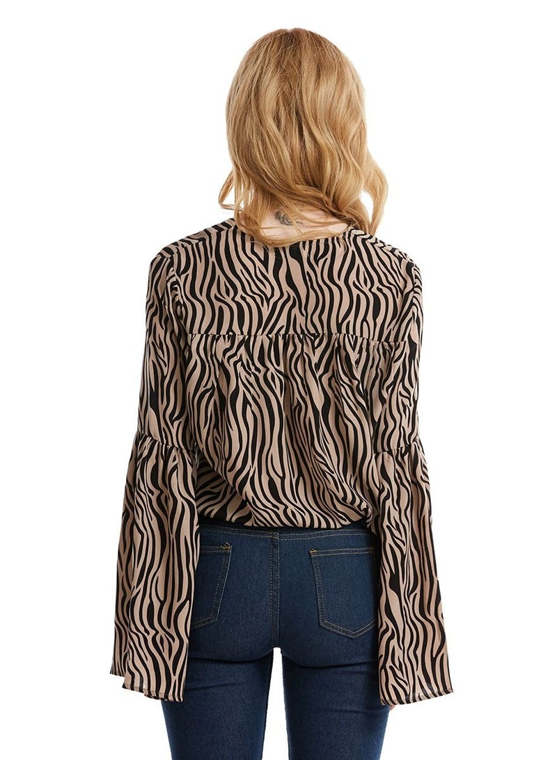 إسكدنيا Women's V-Neck Long Sleeve Top Zebra Stripes Loose Blouse Brown/Black  - Image 3
