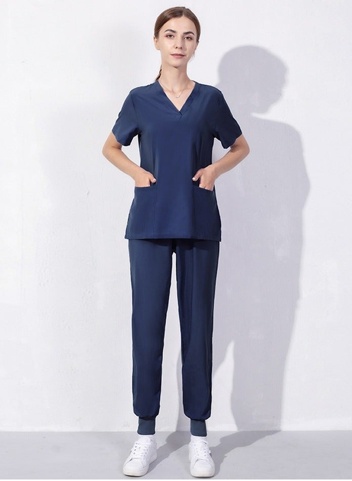 Loquat Medical Uniform Scrubs Set V-Neck Top and Loose Jogger Pants Suit Navy Blue - Image 1