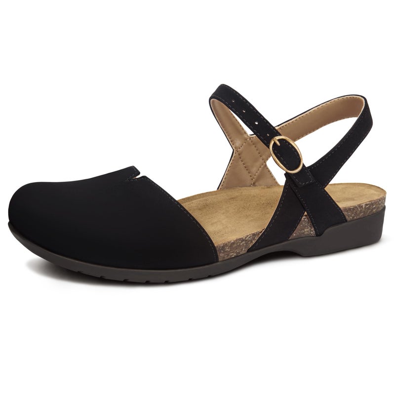 PARTY Closed Toe Sandals Women, Barefoot Arch Support Flat Sandals for Office Work and Travel with Comfortable Cork Footbed,BLACK,8 - Image 1
