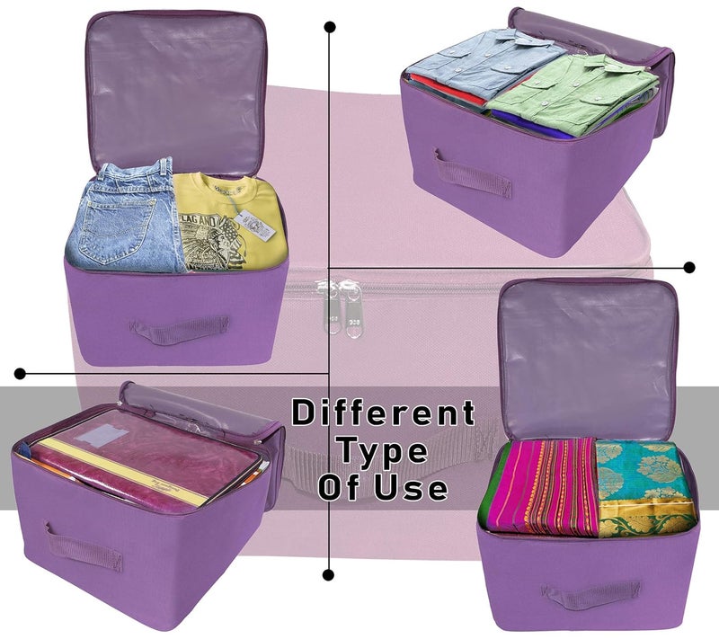 Storite 5 Pack Nylon Wardrobe Bag Underbed Moisture Proof Cloth Storage Organizer Storage box for Clothes Saree Bags with Zippered Closure Handle Purple 38x33x22 cm Square - Image 4