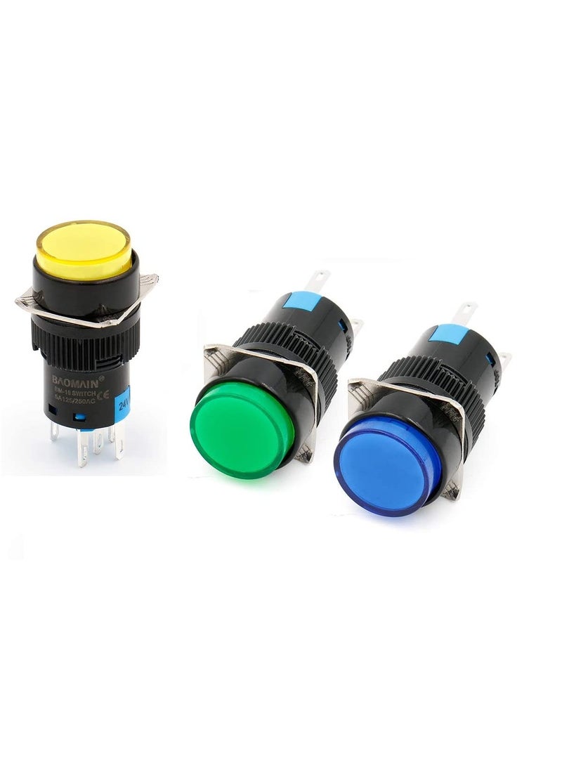 KAMCON KAMCON 16mm Push Button Switch Momentary Round Cap LED Lamp Red YellowBlueGreen Light DC 24V SPDT 5 Pin 1 Set of GBY  - Image 1