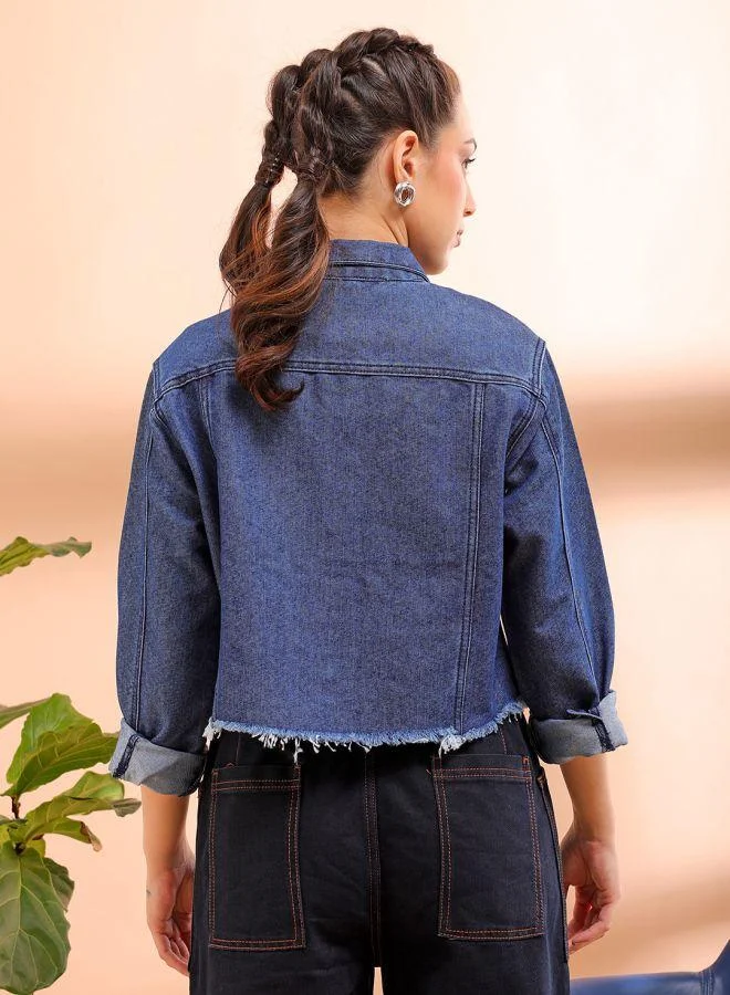 مرفوعة Women Street Slim Fit Long Sleeve Distressed Crop Denim Jacket