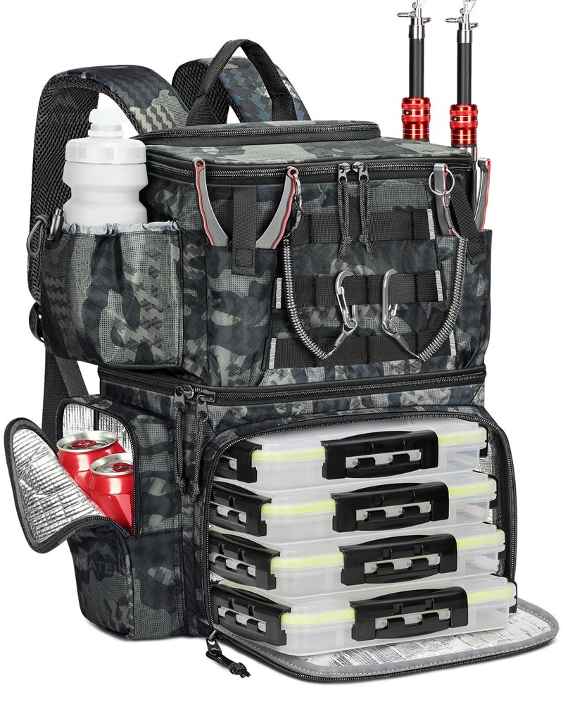 MATEIN Fishing Backpack with 4 Tackle Boxes & Rod Holder, Tackle Backpack with Safety Compass & Insulated Compartment, Water Resistant Fishing Tray Bag Storage Gear and Equipment, Gifts for Fishermen - Image 1