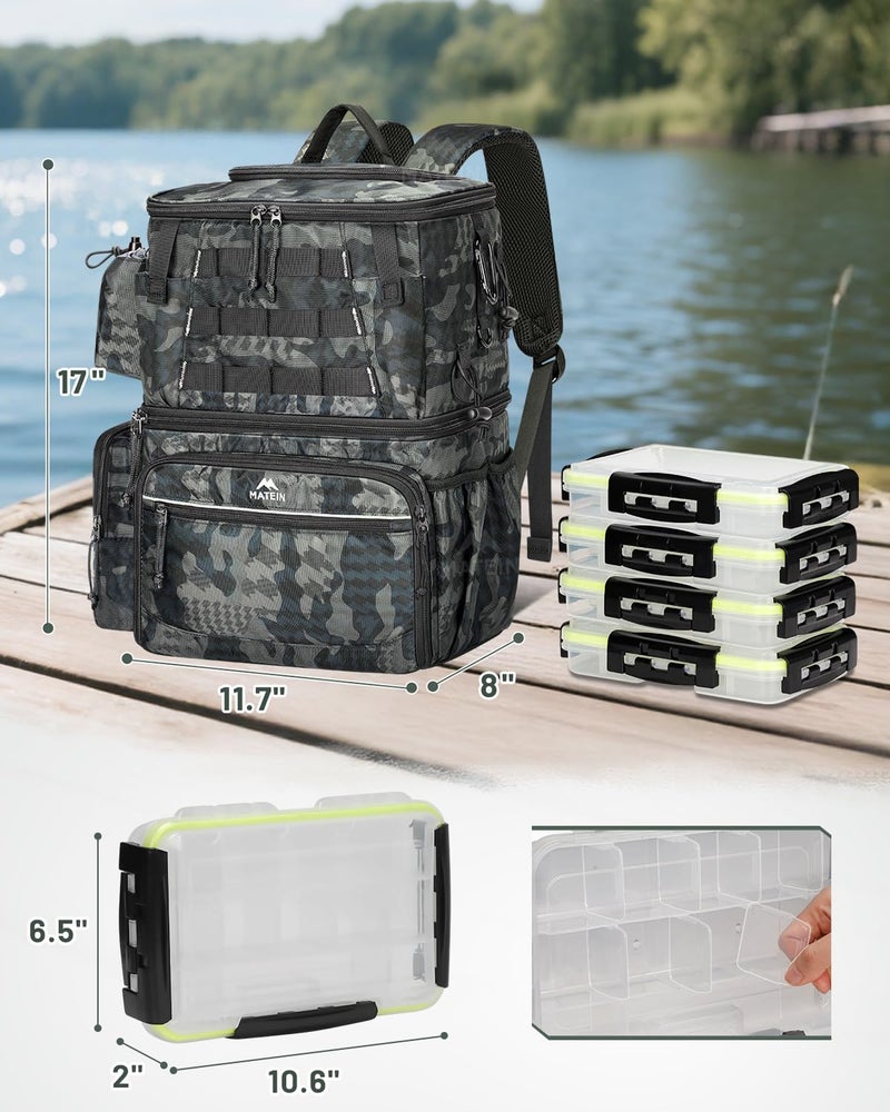 MATEIN Fishing Backpack with 4 Tackle Boxes & Rod Holder, Tackle Backpack with Safety Compass & Insulated Compartment, Water Resistant Fishing Tray Bag Storage Gear and Equipment, Gifts for Fishermen - Image 4