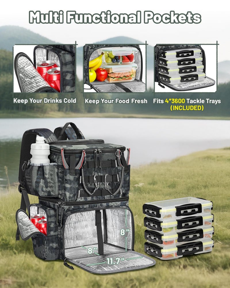 MATEIN Fishing Backpack with 4 Tackle Boxes & Rod Holder, Tackle Backpack with Safety Compass & Insulated Compartment, Water Resistant Fishing Tray Bag Storage Gear and Equipment, Gifts for Fishermen - Image 3