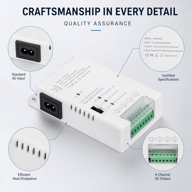 زينوكام 4 قناة كاميرا CCTV مزود طاقة توزيع الطاقة 90V-264VAC إدخال إلى 12V-13.8-15VDC إخراج محول طاقة كاميرا أمان مع فيوز PTC (HD4C50W) - Image 4