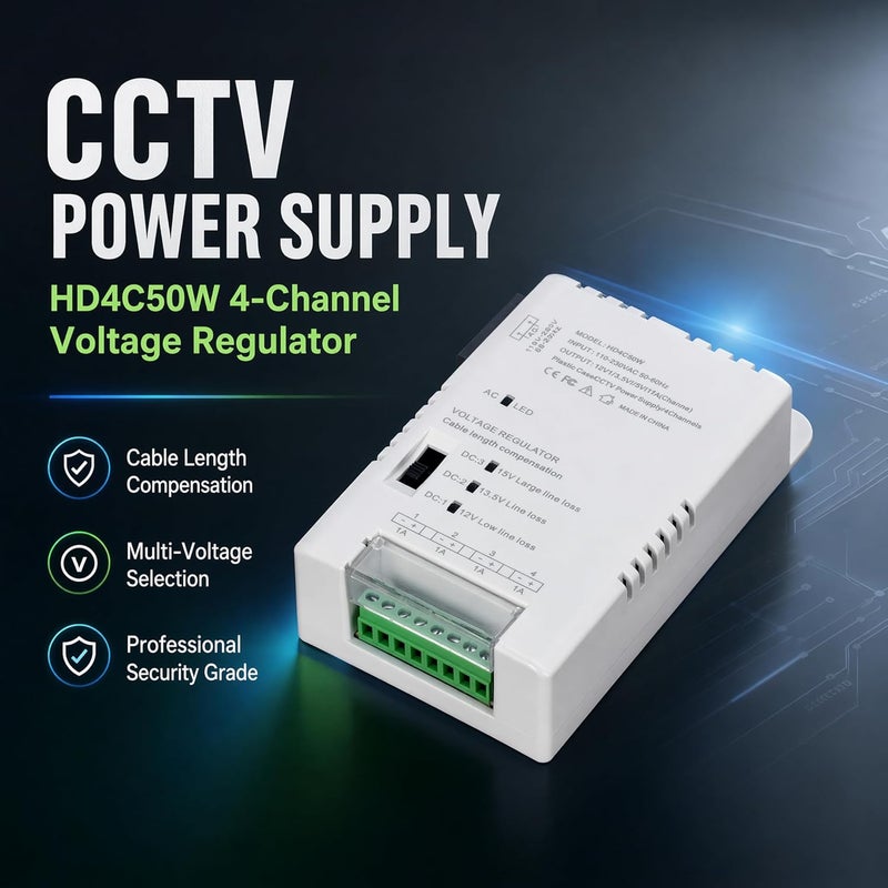 زينوكام 4 قناة كاميرا CCTV مزود طاقة توزيع الطاقة 90V-264VAC إدخال إلى 12V-13.8-15VDC إخراج محول طاقة كاميرا أمان مع فيوز PTC (HD4C50W) - Image 2