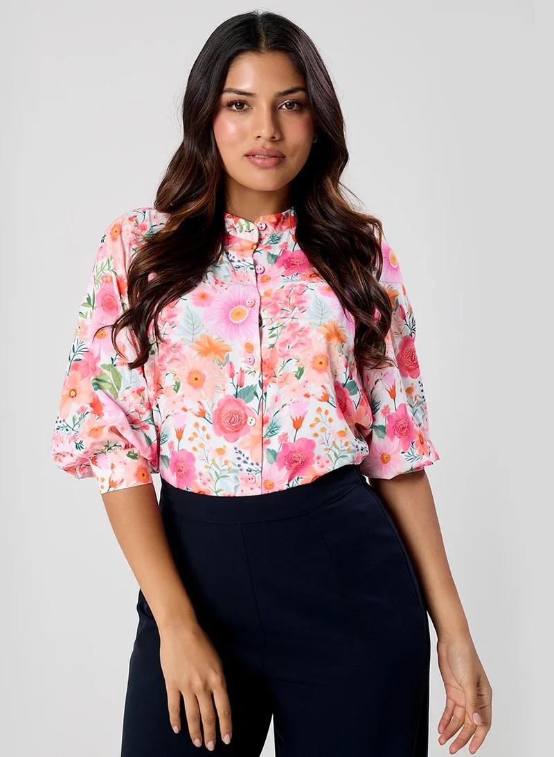 زجزاج Split Collar Cuffed Sleeve Printed Shirt Top