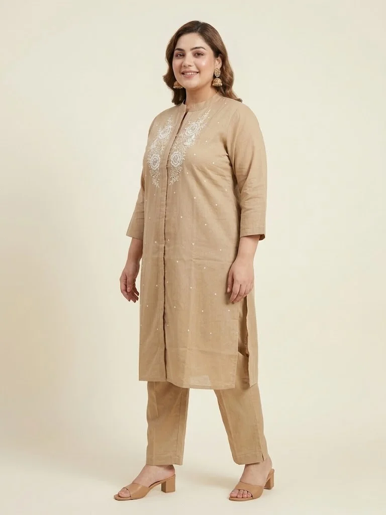 Viny  VINY Beige Floral Embroidered Top & Pant Set – Plus Size Women's Indian Ethnic Wear for Women | Best Price UAE