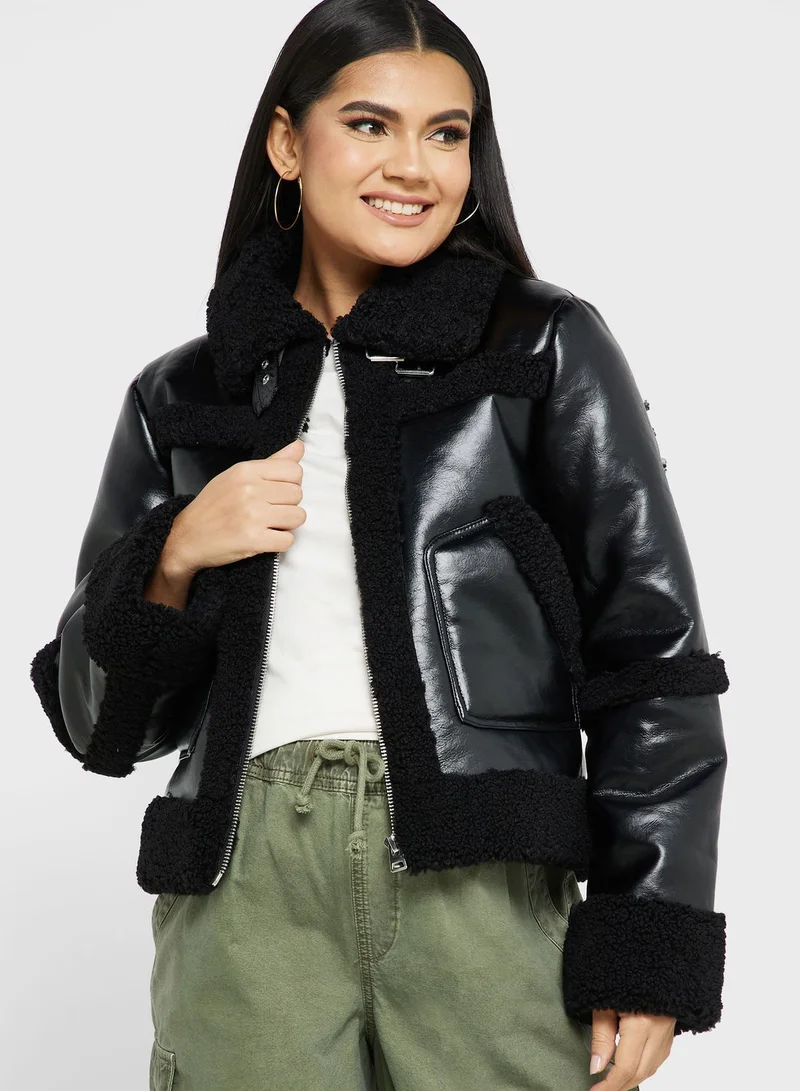 Topshop Maternity Borg Seam Cropped Faux Shearling Biker Jacket