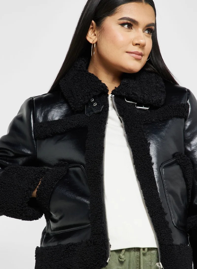 Topshop Maternity Borg Seam Cropped Faux Shearling Biker Jacket