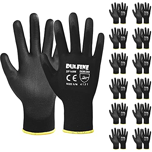 DULFINE Ultra-Thin PU Coated Work Gloves-12 Pairs,Excellent Grip,Nylon Shell Black Polyurethane Coated Safety Work Gloves, Knit Wrist Cuff,Ideal for Light Duty Work. (Large) - Image 1