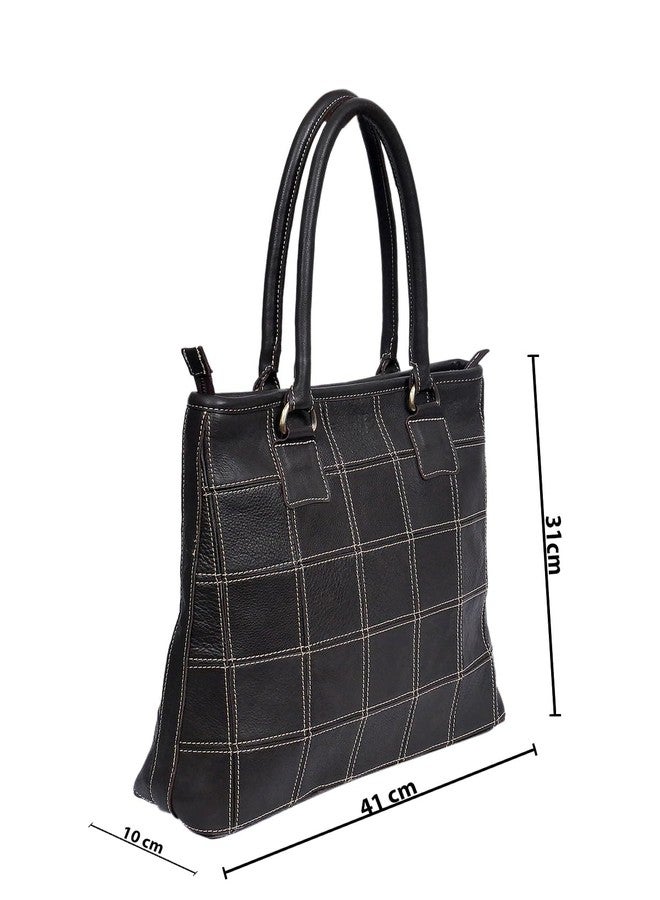 Celtic Structured Leather Shoulder Handbag with Grid Stitching & Zip Closure - Image 5