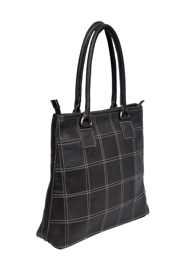 Celtic Structured Leather Shoulder Handbag with Grid Stitching & Zip Closure - Image 2