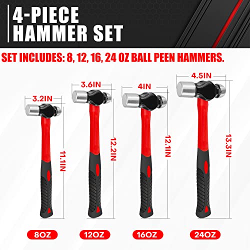 ct C&T 4-Piece Ball Peen Hammer Set,8 12 16 24oz, Fiberglass Handle hammer for Ball Peen,Blow Striking Ball Pein Hammer Handle Tool with Forged Steel Construction & Shock Reduction Grip for Metal Working - Image 4