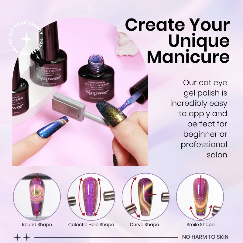 SUPWEE 12 Colors Cat Eye Gel Polish with Magnetic Stick, Chameleon Magnetic Gel Polish Kit Trible Colors Effect Galaxy Cateyes Nail Polish Gel Collection Home DIY Manicure for Women Girl - Image 3