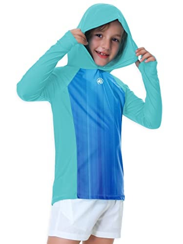 AOBUTE Boys Rash Guard with Hood Girls Uv Long Sleeve Shirt Sun Protection Swimming Shirts Aqua 5-6 Years - Image 2