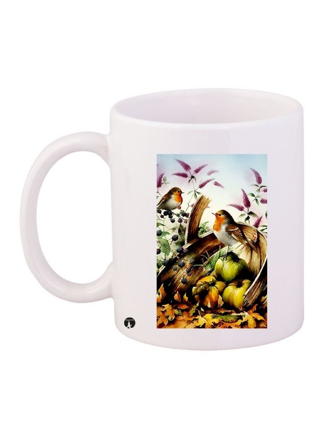 RYN Birds Printed Coffee Mug White/Green/Brown 11ounce