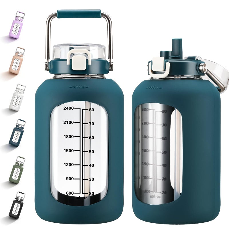 MUKOKO 100oz Glass Water Bottle with Time Marker and Silicone Sleeve 3L Large Water Jug with Stainless Steel Handle Gallon Drinking Bottle with 2-in-1 Lid Wide Mouth BPA Free, Dark Blue - Image 1