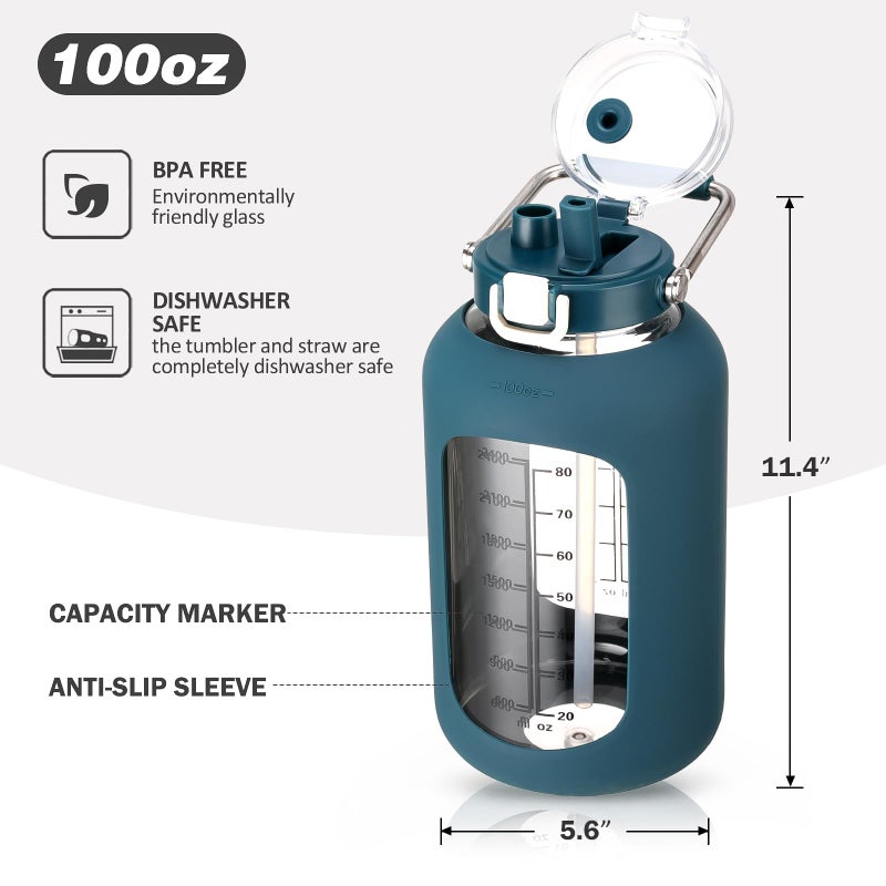MUKOKO 100oz Glass Water Bottle with Time Marker and Silicone Sleeve 3L Large Water Jug with Stainless Steel Handle Gallon Drinking Bottle with 2-in-1 Lid Wide Mouth BPA Free, Dark Blue - Image 4