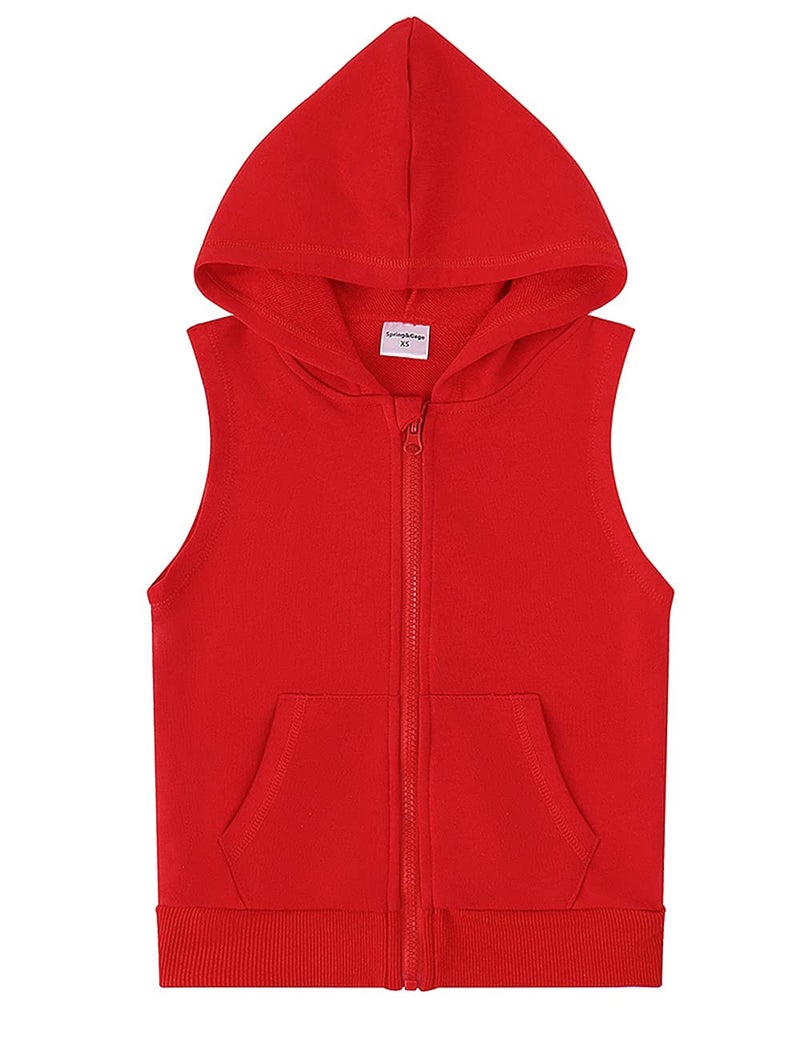 Spring&Gege Boys’ Full Zip Sleeveless Hooded Vest Basic Solid Zipper Tank Tops Hoodie with Pockets, Red, Size 5-6 Years - Image 1