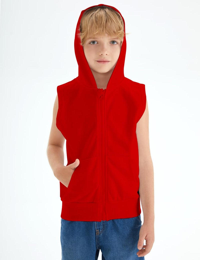 Spring&Gege Boys’ Full Zip Sleeveless Hooded Vest Basic Solid Zipper Tank Tops Hoodie with Pockets, Red, Size 5-6 Years - Image 4