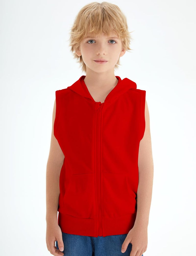 Spring&Gege Boys’ Full Zip Sleeveless Hooded Vest Basic Solid Zipper Tank Tops Hoodie with Pockets, Red, Size 5-6 Years - Image 2