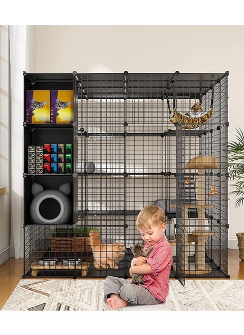 Large Cat Cage with Storage Cube DIY Indoor Catio Cat Enclosures Metal Cat Playpen for 1-4 Cats 4 Tiers Cat Kennel (without Hammock)