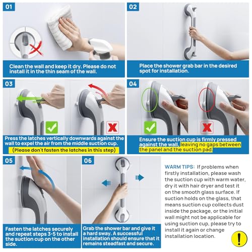 LEVERLOC 2 Pack Shower Grab Bars for Bathtubs and Showers, Easy to Install Suction Shower Handles for Bathroom Removable Handrails for Seniors Elderly Heavy Duty Safety Grip Waterproof Drill Free Gray - Image 2
