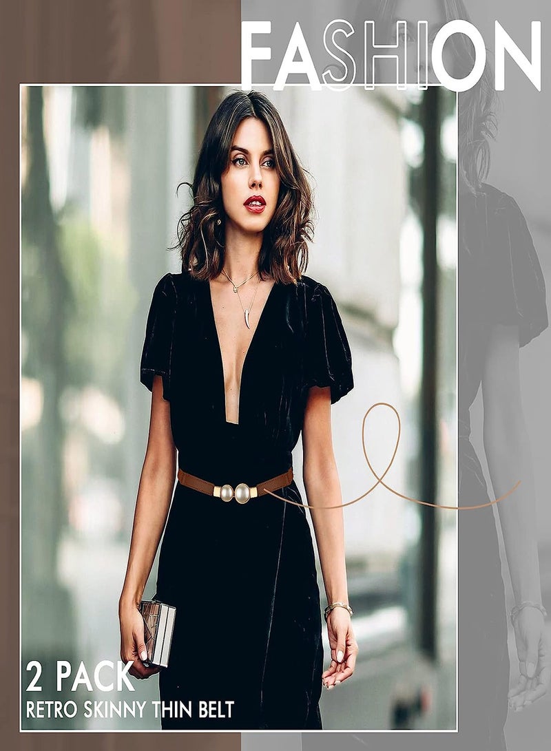 طقم أحزمة لؤلؤ مرنة للنساء، أحزمة خصر مرنة عصرية للفساتين، 2 قطعة بتصميم بسيط وأنيق، أحزمة رفيعة بإبزيم لؤلؤ مبتكر - Image 4