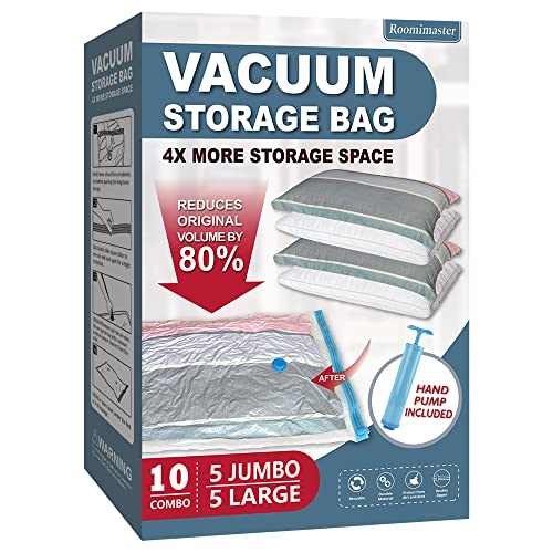 Roomimaster 10 Pack Vacuum Storage Bags with Pump, 5 Jumbo and 5 Large Space Saver Vacuum Storage Bags, Vacuum Seal Bags for Clothing, Comfoters, Pillows, Blanket, Bedding - Image 1